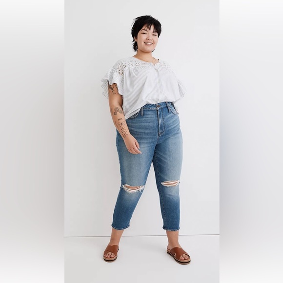 NWT Madewell Blue Gooding Wash Ripped-Knit Perfect Vintage Cropped Jeans Sz 16W - Picture 2 of 4